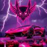A hypercar roars beneath a rain-soaked sky, its en