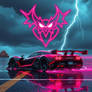 A hypercar roars beneath a rain-soaked sky, its en