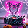 A hypercar roars beneath a rain-soaked sky, its en