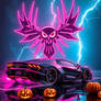 A hypercar roars beneath a rain-soaked sky, its en