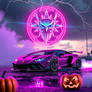 A hypercar roars beneath a rain-soaked sky, its en
