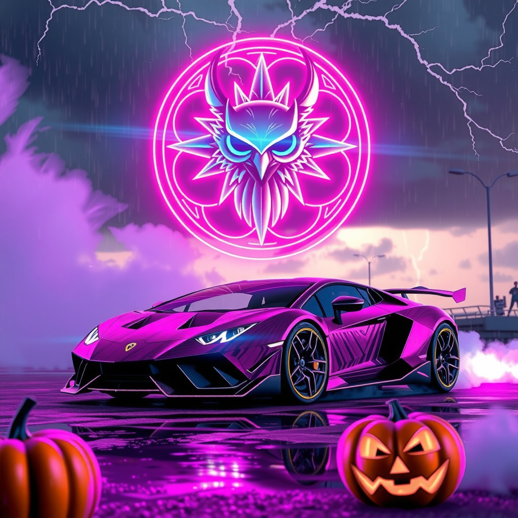 A hypercar roars beneath a rain-soaked sky, its en