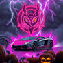 A hypercar roars beneath a rain-soaked sky, its en