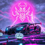 A hypercar roars beneath a rain-soaked sky, its en