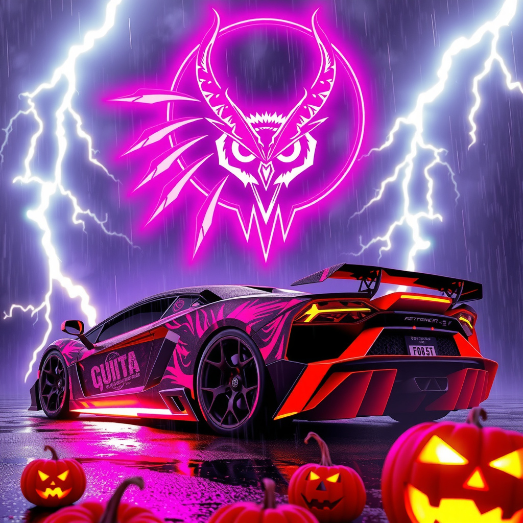 A hypercar roars beneath a rain-soaked sky, its en