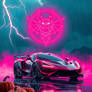 A hypercar roars beneath a rain-soaked sky, its en
