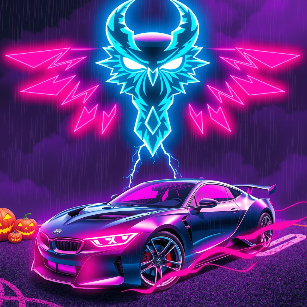 A hypercar roars beneath a rain-soaked sky, its en