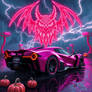 A hypercar roars beneath a rain-soaked sky, its en