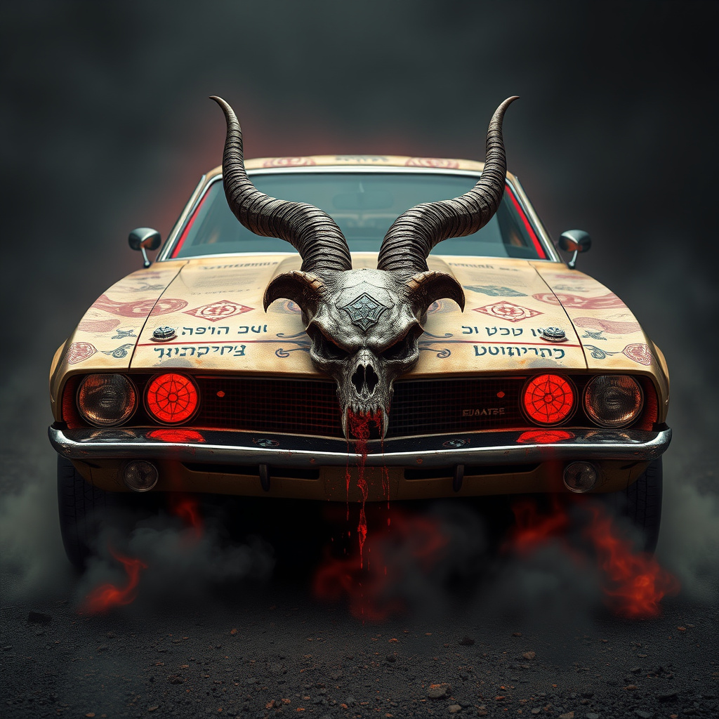 A hyper-realistic, A cursed muscle car wrapped in