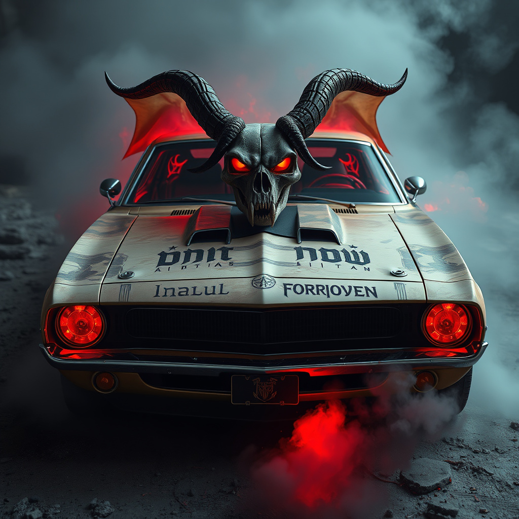A hyper-realistic, A cursed muscle car wrapped in