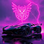 A slick black hypercar roars beneath a rain-soaked