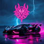 A slick black hypercar roars beneath a rain-soaked