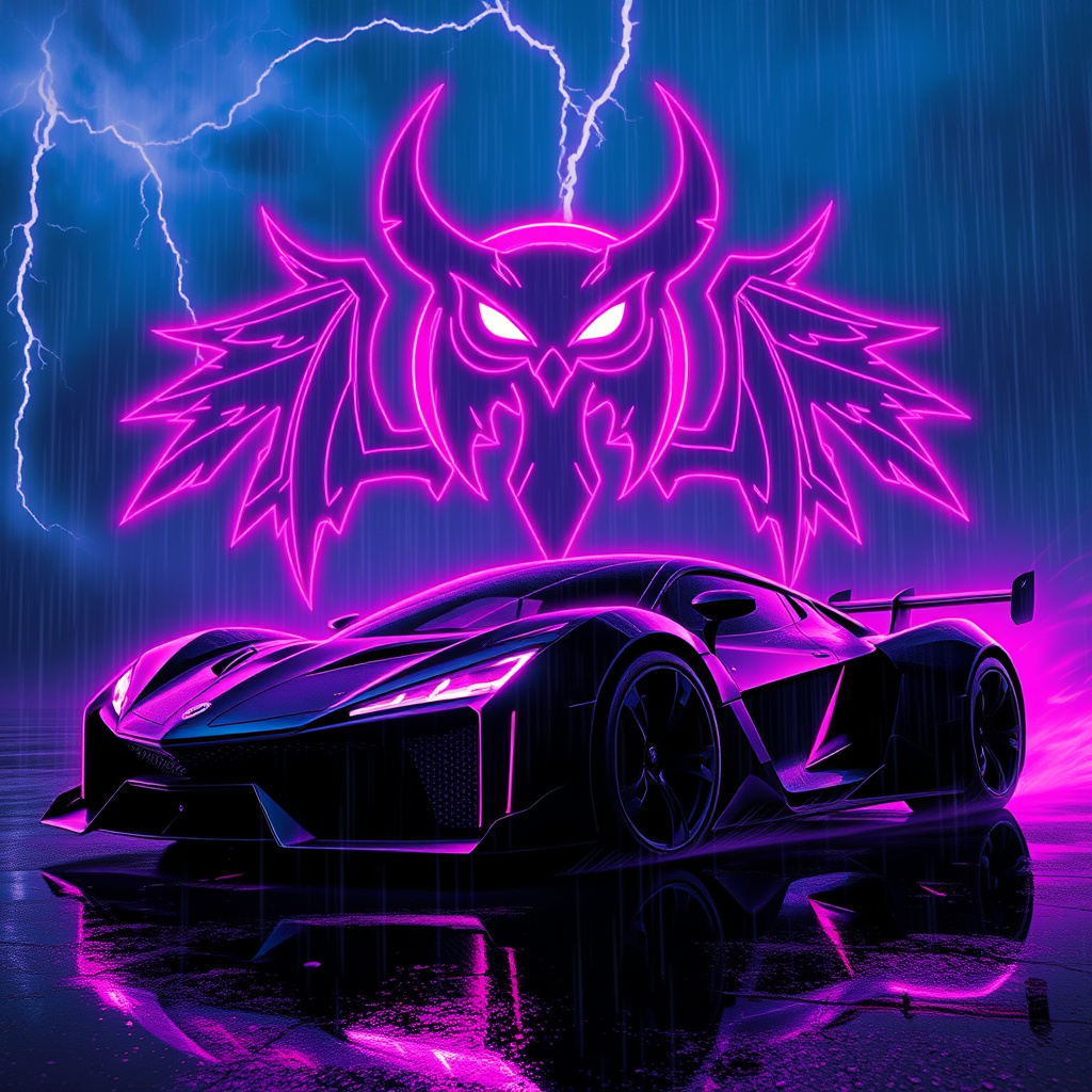 A slick black hypercar roars beneath a rain-soaked