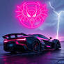 A slick black hypercar roars beneath a rain-soaked