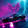A slick black hypercar roars beneath a rain-soaked