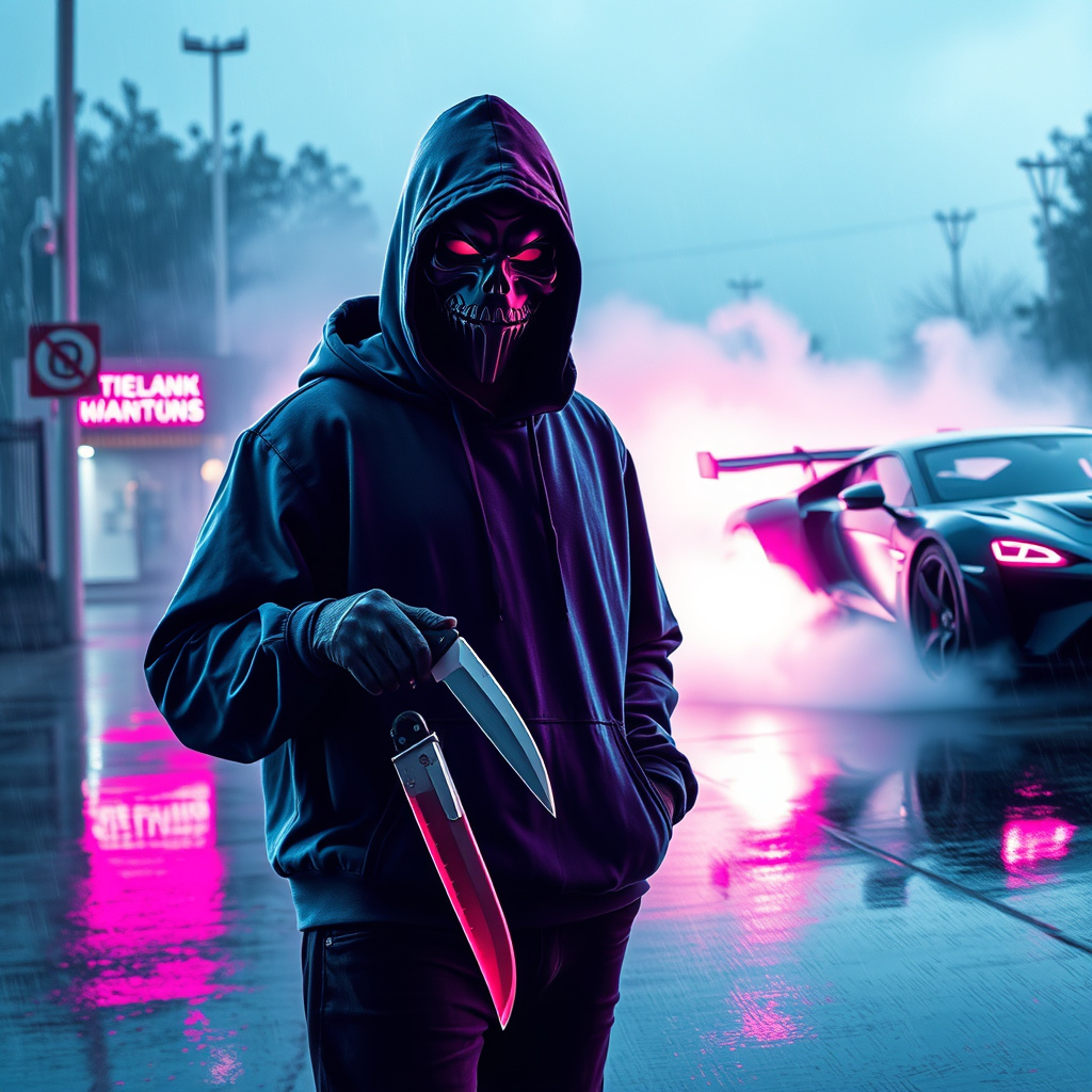 A guy with a purge mask and wearing hoodie and hol