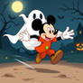 Mickey Mouse running away from a flying sheet ghos