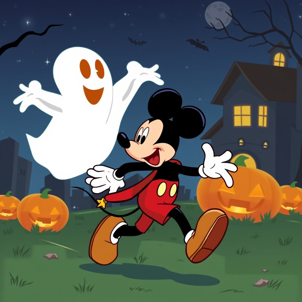 Mickey Mouse running away from a flying sheet ghos