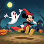 Mickey Mouse running away from a flying sheet ghos