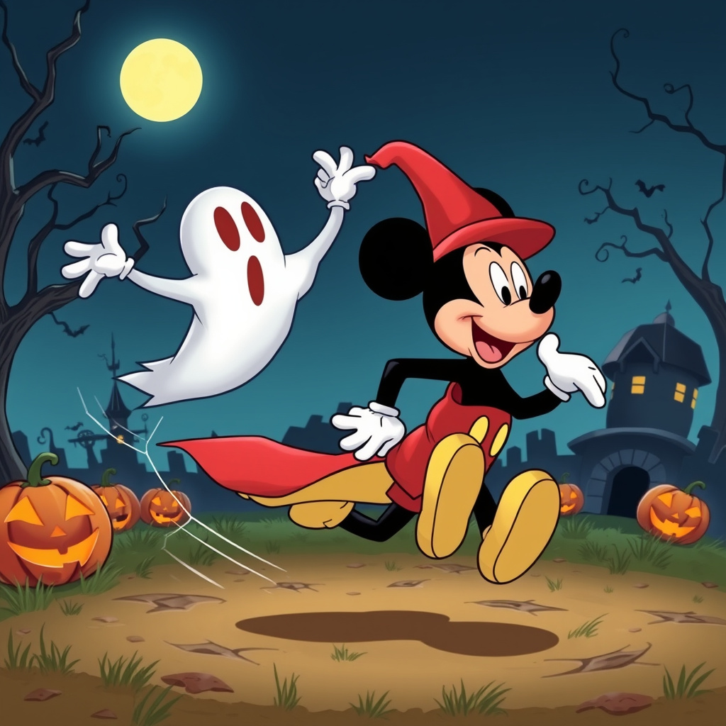 Mickey Mouse running away from a flying sheet ghos
