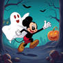 Mickey Mouse running away from a flying sheet ghos