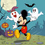 Mickey Mouse running away from a flying sheet ghos