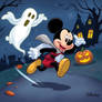 Mickey Mouse running away from a flying sheet ghos