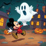 Mickey Mouse running away from a flying sheet ghos