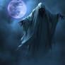 A dark horror fantasy scene: a levitating ghost dr