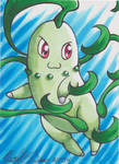 ACEO #20 - Joe's Chikorita Attacks by HeartOfAmethyst