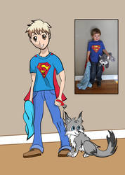 My Son, Blanket, Superman Cape, and Wolfie