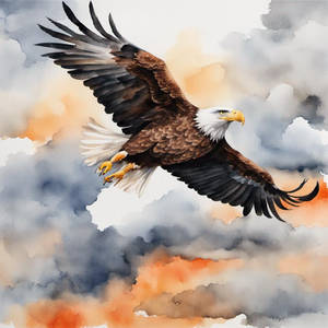 Watercolor orange painting, bald eagle, flying in 