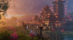 Sunset Asian Castle