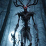 Creepy Windigo standing in a forest and night unde