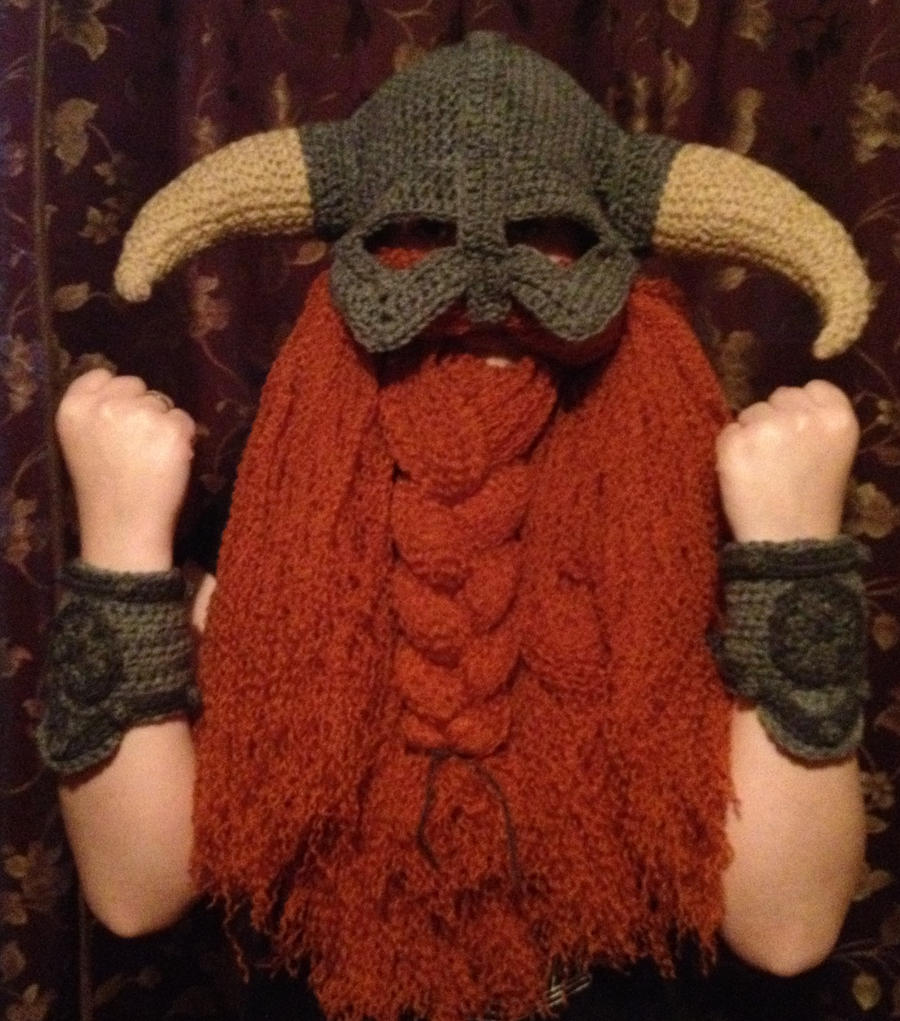 skyrim inspired helm rust beard grey trim bracers