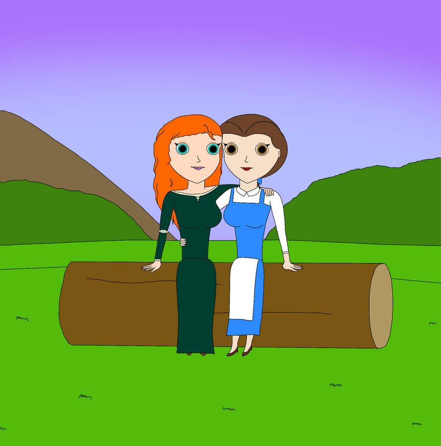 Merida and Belle sitting on the log by RobsonDoodle on DeviantArt