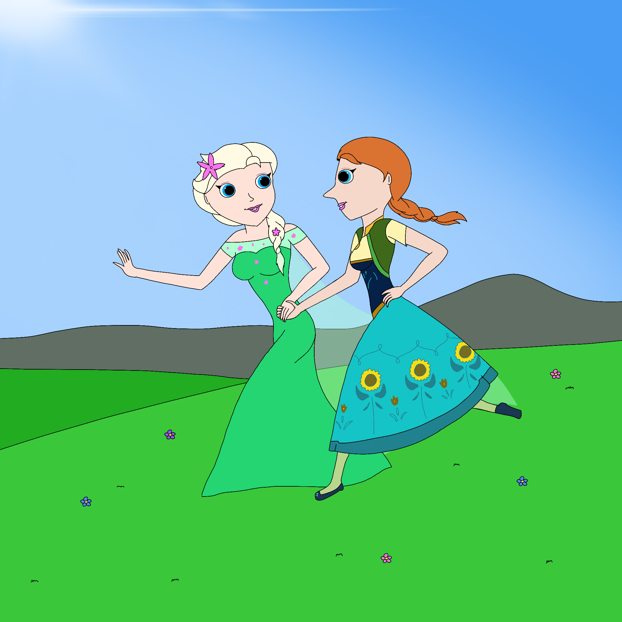 Elsa and Anna running at the hills by RobsonDoodle on DeviantArt
