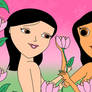 Mulan and Jasmine with flowers around