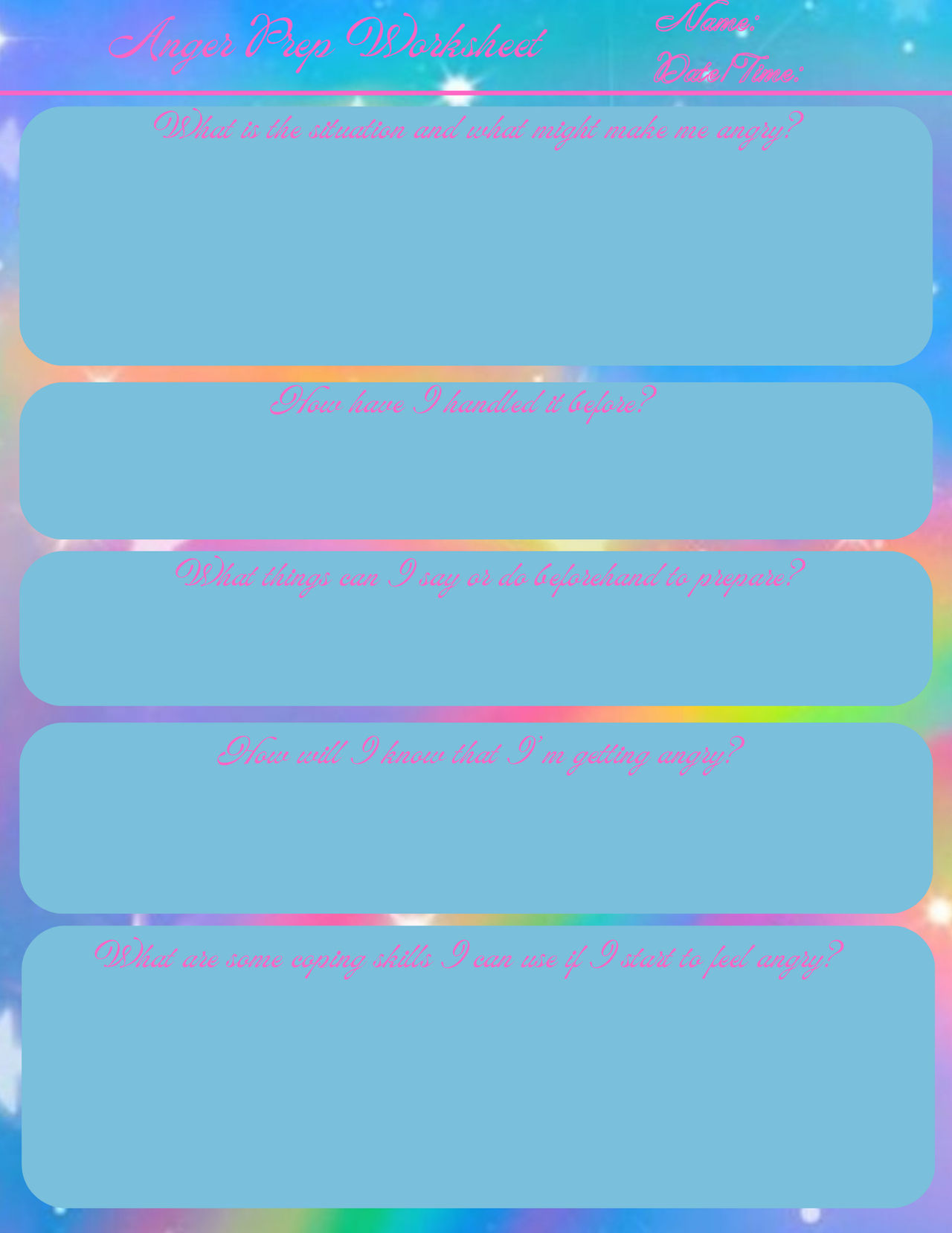 Anger Prep Worksheet Y2K Rainbows