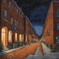 Traditional Painting Of Lit Brick Street At Night