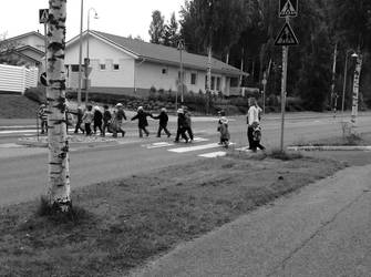 Children crossing the street in Pirkkala, Finland