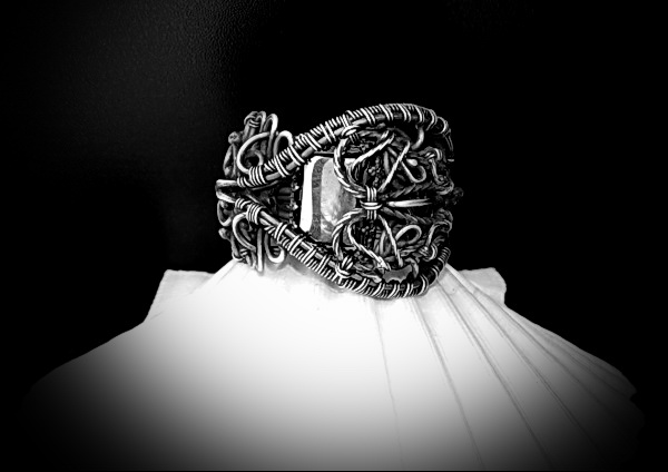 Silver ring, natural hematite, handmade, wire jewe