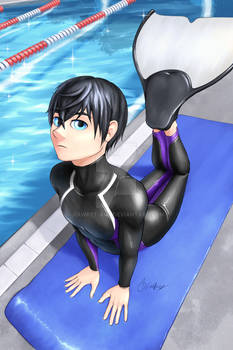 Haru Stretching By The Pool (Wetsuit and Fin)