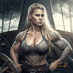 Viking muscle Valkyria  tatooed at sea