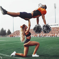 cheerleader overhead lifts football player