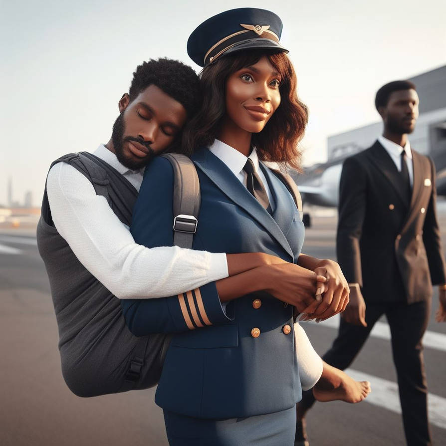 Female flight attendant piggyback carries man by wanderer326 on DeviantArt