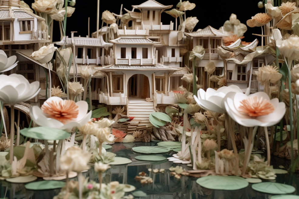 paper cut village house and lotus flower by witheverylight on