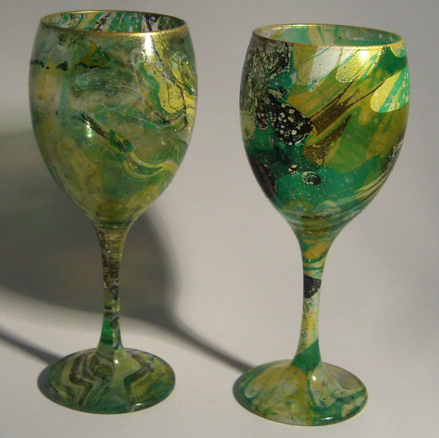 Green, Yellow and Black Marble Dipped Wine Glasses by IEGlassworks
