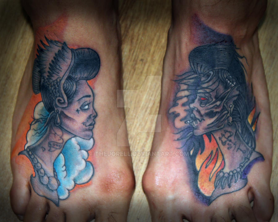 Good Vs Evil Foot Tattoo