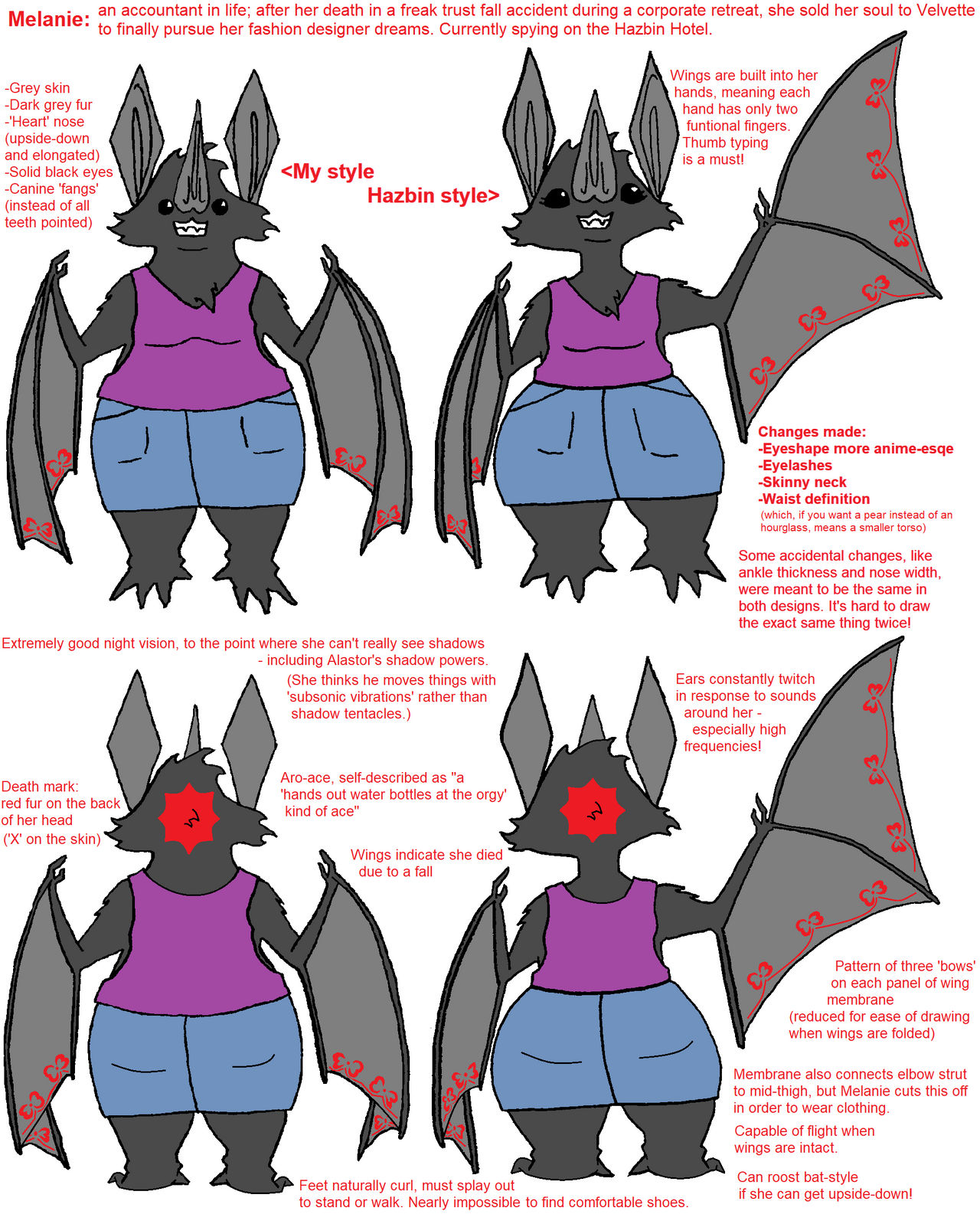 Character sheet showing front and back views of Melanie, one of the main OCs in 'Conspiracy Lasagna', in my style and in an attempt at Hazbin's style. Trivia points about the character are floating around her.
